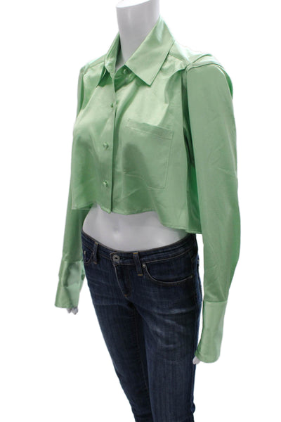 T Alexander Wang Women Cropped Button-Up Collared Green Polyester Blend Size XS