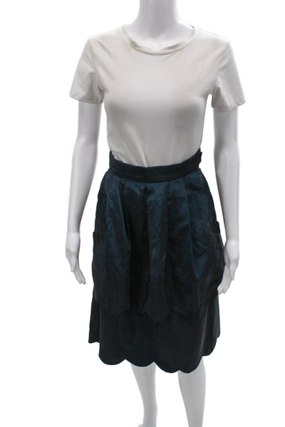 Lela Rose Women Pleated Blue Silk Knee Length Skirt Size 4