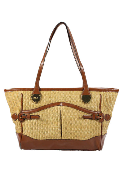 Lauren Ralph Lauren Womens Straw Leather Trim Zip Tote Handbag Beige