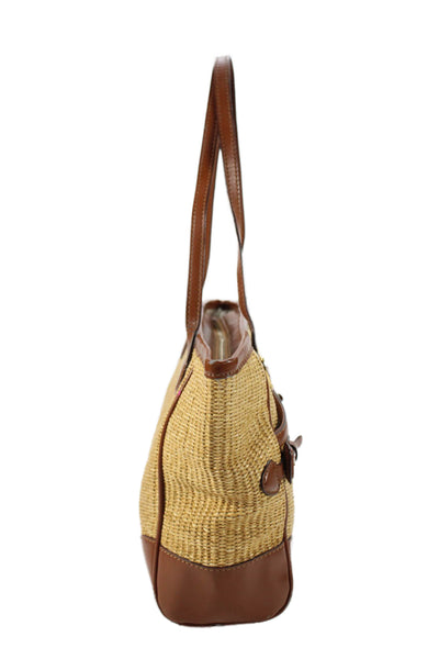 Lauren Ralph Lauren Womens Straw Leather Trim Zip Tote Handbag Beige