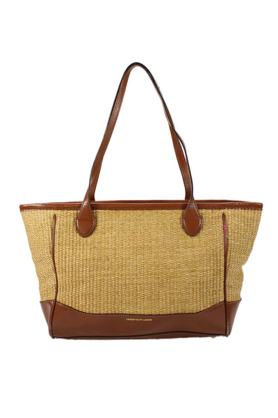 Lauren Ralph Lauren Womens Straw Leather Trim Zip Tote Handbag Beige