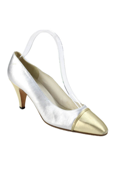 Rene Mancini Womens Leather Color Block Metallic Pump High Heels Silver Size 7
