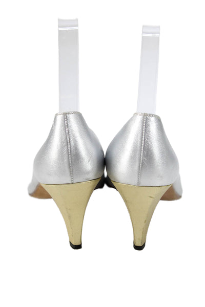 Rene Mancini Womens Leather Color Block Metallic Pump High Heels Silver Size 7