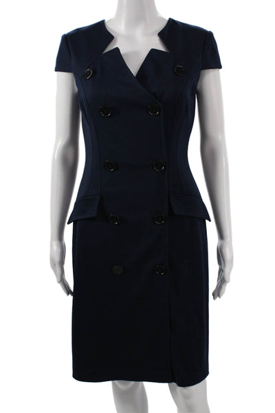 David Meister Women Sheath Dress Blue V-Neck Short Sleeve Knee Length Size 2