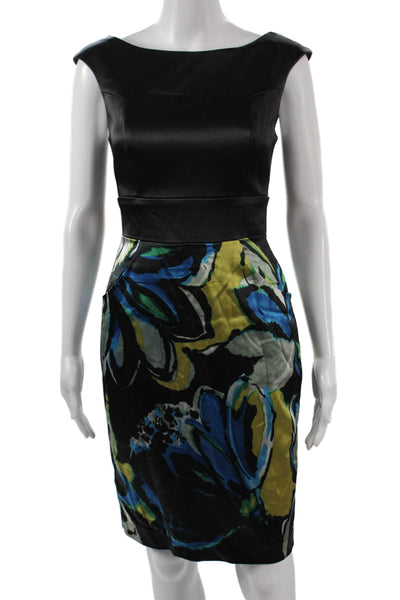 Kay Unger Women Black Floral Sheath Dress Boatneck Short Sleeve Knee Size 4