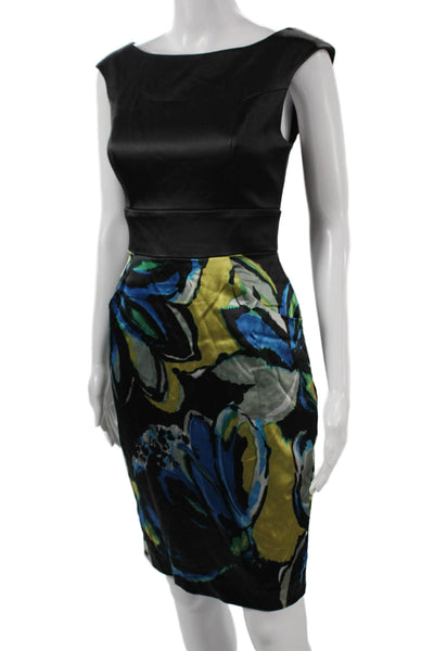 Kay Unger Women Black Floral Sheath Dress Boatneck Short Sleeve Knee Size 4