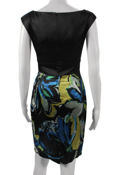 Kay Unger Women Black Floral Sheath Dress Boatneck Short Sleeve Knee Size 4