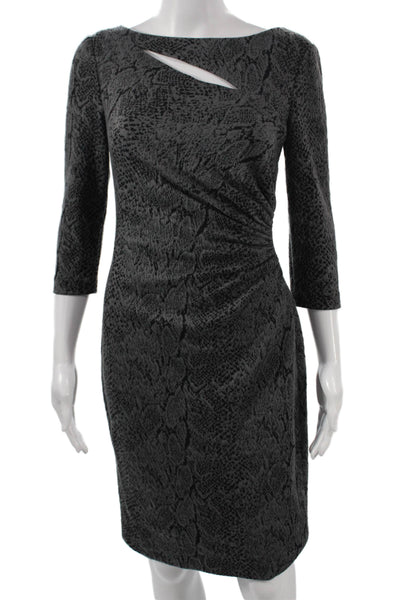 Kay Unger Women Sheath Dress Gray Animal Print Boat Neck 3/4 Sleeve Zip Size 2
