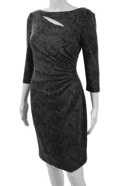 Kay Unger Women Sheath Dress Gray Animal Print Boat Neck 3/4 Sleeve Zip Size 2