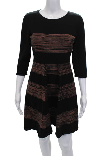 T Tahari Women Fit & Flare Striped Black Dress 3/4 Sleeve Round Neck Size L