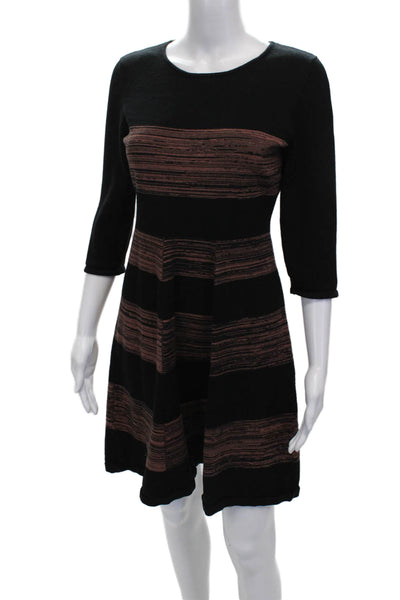 T Tahari Women Fit & Flare Striped Black Dress 3/4 Sleeve Round Neck Size L