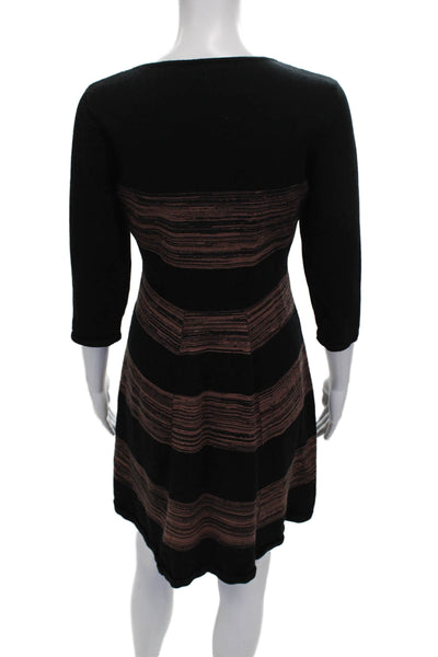 T Tahari Women Fit & Flare Striped Black Dress 3/4 Sleeve Round Neck Size L