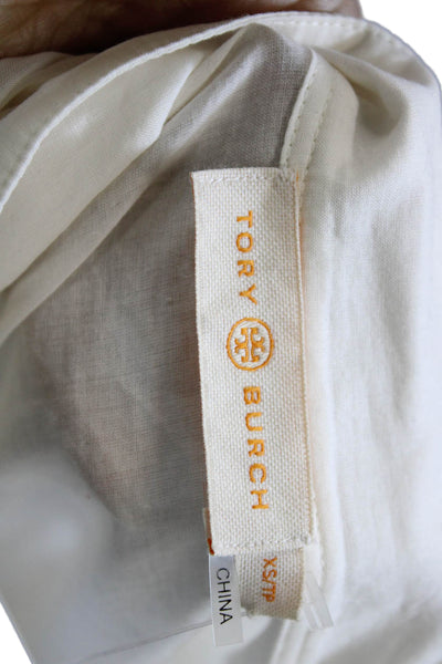 Tory Burch Women White Geometric V Neck Cotton Tunic Long Sleeve Size XS