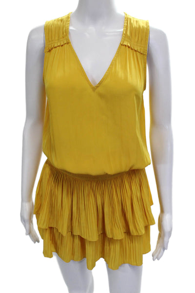 Ramy Brook Women Mini Dress Yellow Sleeveless V-Neck Polyester Size XS