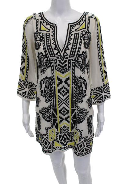 Alice + Olivia Women Shift Dress Ivory V-Neck 3/4 Sleeve Geometric Size XS