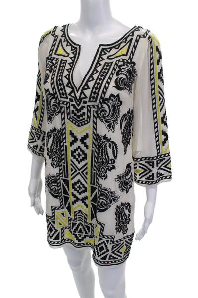 Alice + Olivia Women Shift Dress Ivory V-Neck 3/4 Sleeve Geometric Size XS