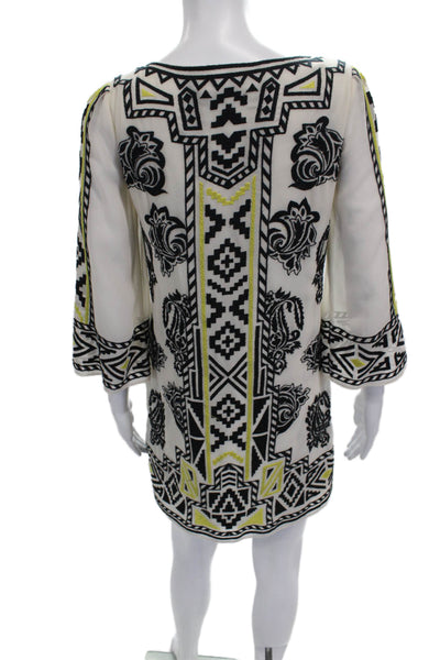 Alice + Olivia Women Shift Dress Ivory V-Neck 3/4 Sleeve Geometric Size XS
