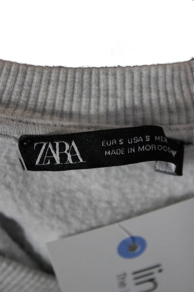 Zara Women Pullover Sweatshirt Gray Cotton Crew Neck Long Sleeve Size S
