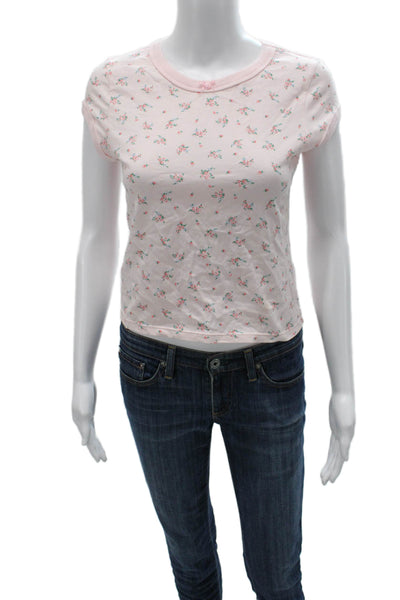 Frankies Bikinis Womens Pink Floral T-Shirt Short Sleeve Cotton Size M