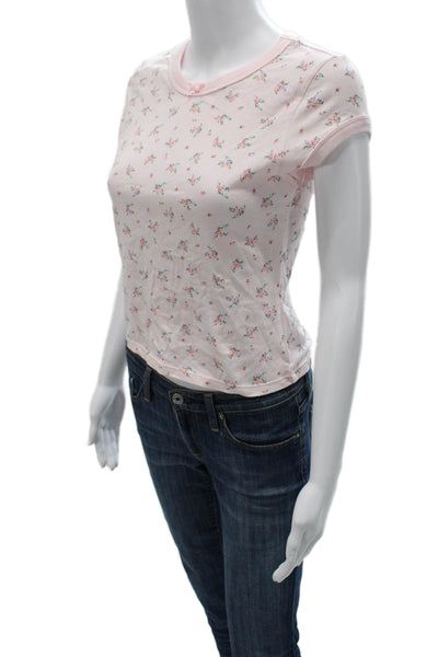 Frankies Bikinis Womens Pink Floral T-Shirt Short Sleeve Cotton Size M