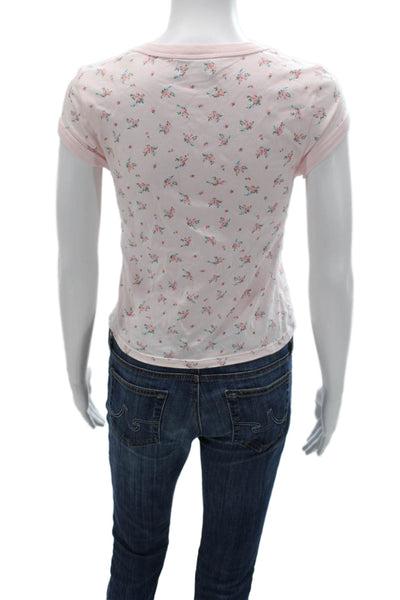Frankies Bikinis Womens Pink Floral T-Shirt Short Sleeve Cotton Size M