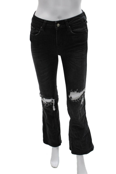 Free People Women Flared Jeans Black High Rise Button Cotton Size 24