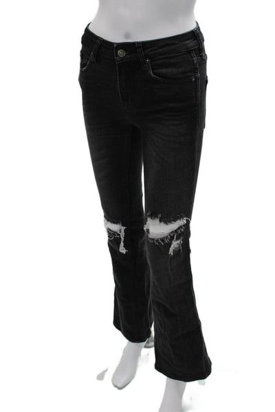 Free People Women Flared Jeans Black High Rise Button Cotton Size 24