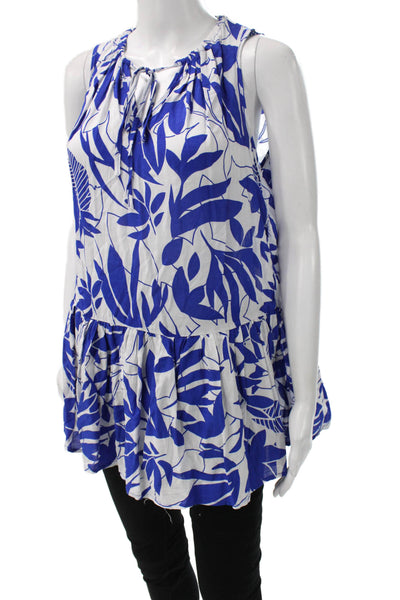Rachel Zoe Womens Sleeveless Floral Tunic Blouse Blue Rayon Round Neck Size S