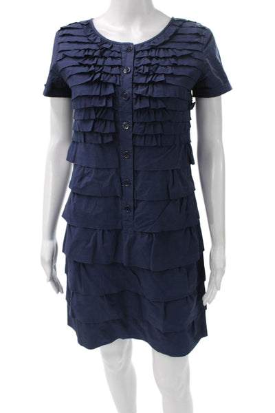 J Crew Womens Shift Dress Blue Cotton Short Sleeve Round Neck Button Size 0
