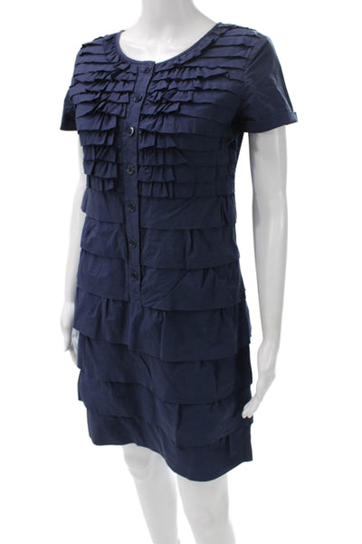 J Crew Womens Shift Dress Blue Cotton Short Sleeve Round Neck Button Size 0