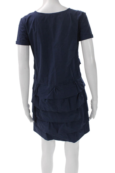 J Crew Womens Shift Dress Blue Cotton Short Sleeve Round Neck Button Size 0