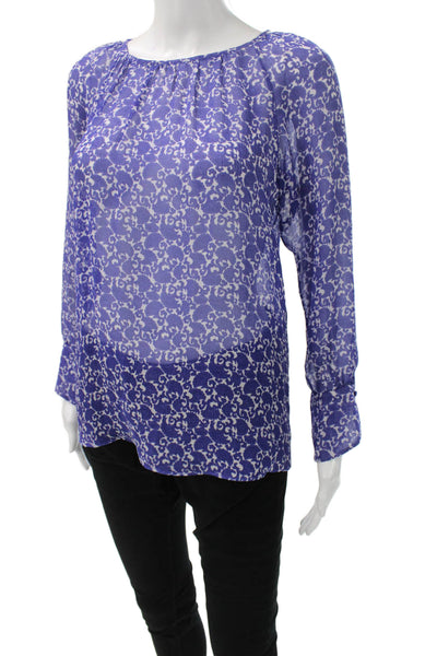 Derek Lam Womens Purple Silk Geometric Round Neck Long Sleeve Blouse Size 2