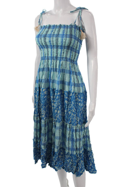 Cool Change Womens Sundress Blue Plaid Square Neck Sleeveless Mid-Calf Size XS