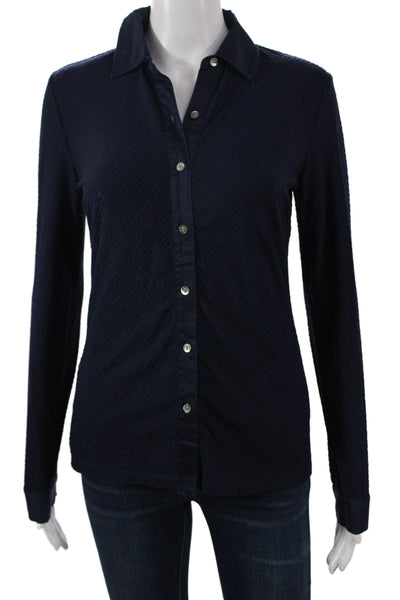 J. Mclaughlin Women Collared Geometric Blue Button-Up Top Nylon Size XS