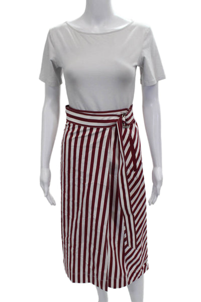 Lafayette 148 New York Womens Wrap Midi Striped Cotton Skirt Red Buckle Size 8