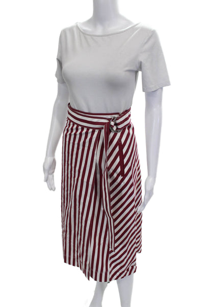 Lafayette 148 New York Womens Wrap Midi Striped Cotton Skirt Red Buckle Size 8