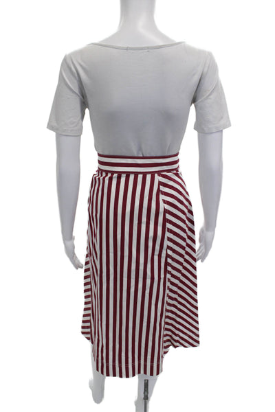 Lafayette 148 New York Womens Wrap Midi Striped Cotton Skirt Red Buckle Size 8