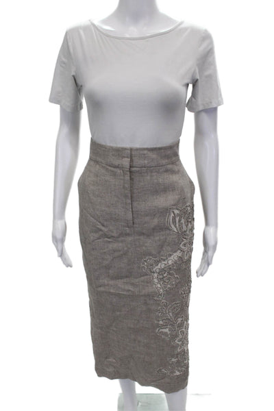 Lafayette 148 New York Women Beige Linen Straight Pencil Midi Skirt Zip Size 8