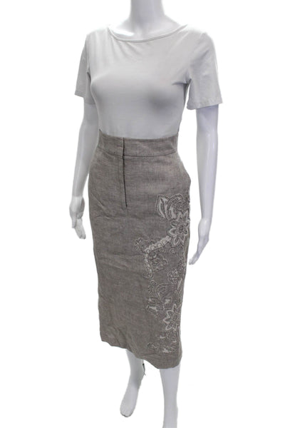Lafayette 148 New York Women Beige Linen Straight Pencil Midi Skirt Zip Size 8