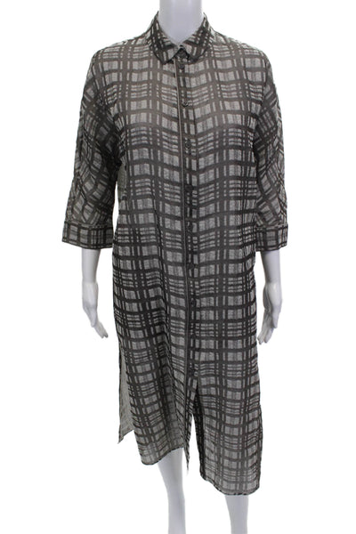 Lafayette 148 New York Womens Shirt Dress Gray Check Cotton 3/4 Sleeve Size S