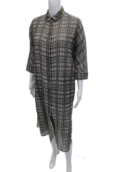 Lafayette 148 New York Womens Shirt Dress Gray Check Cotton 3/4 Sleeve Size S