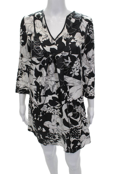 Tibi Womens Shift Dress Black Silk V-Neck 3/4 Sleeve Floral Pullover Size XS
