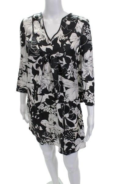 Tibi Womens Shift Dress Black Silk V-Neck 3/4 Sleeve Floral Pullover Size XS