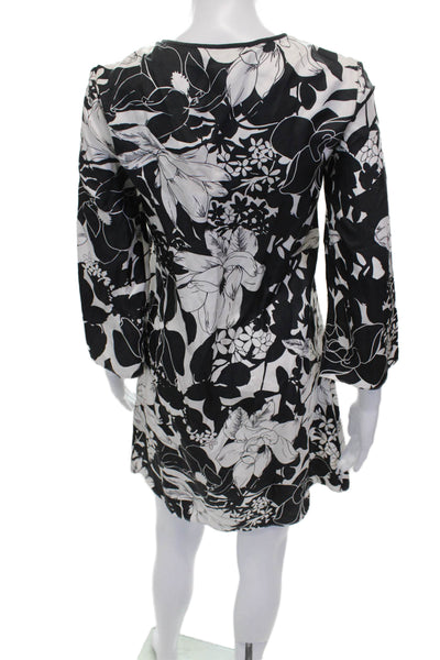 Tibi Womens Shift Dress Black Silk V-Neck 3/4 Sleeve Floral Pullover Size XS