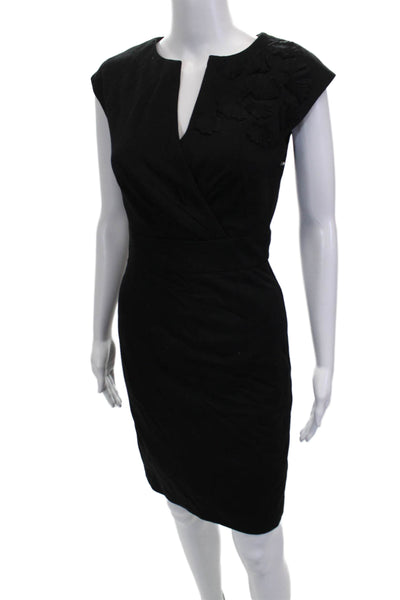 Trina Turk Women Pencil Dress Black Rayon V-Neck Short Sleeve Zip Size 2