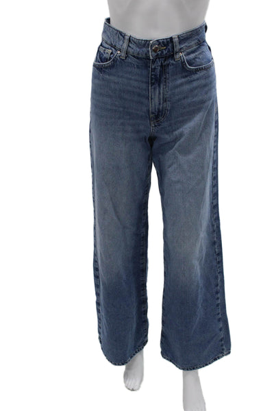 Zara Womens Wide Leg Jeans Blue High Rise Button Cotton Size 2