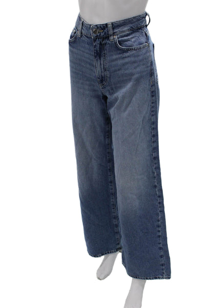 Zara Womens Wide Leg Jeans Blue High Rise Button Cotton Size 2