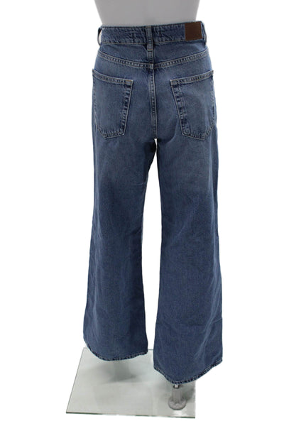 Zara Womens Wide Leg Jeans Blue High Rise Button Cotton Size 2