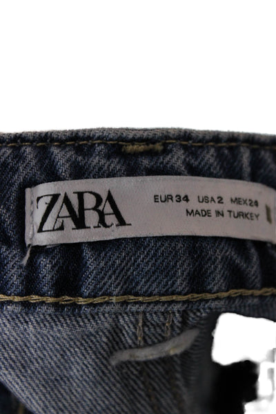 Zara Womens Wide Leg Jeans Blue High Rise Button Cotton Size 2
