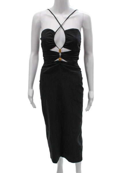 Zara Women Bodycon Halter Midi Dress Black Cotton Sleeveless Zip Size XS